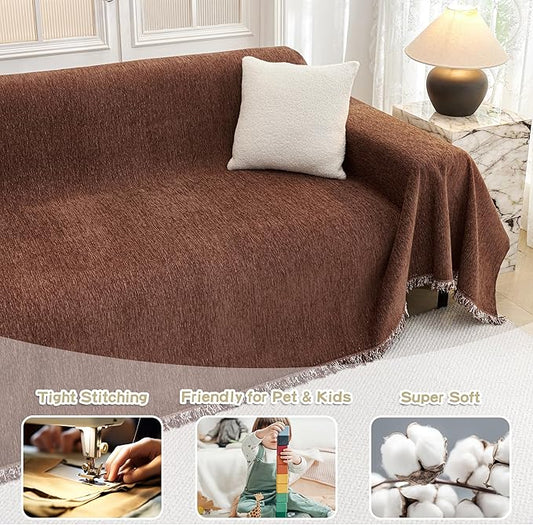 MYSKY HOME Sofa Covers for 2 Cushion Dogs - Boho Textured Soft Washable Decorative Couch Covers with Tassels, 71"x118", Chocolate