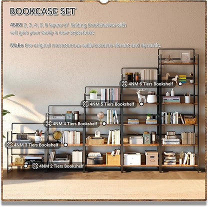 4NM 2 Tiers No-Assembly Folding Bookshelf with Wheels, Portable Rolling Storage Foldable Bookcase & Compact Side Table for Living Room, Bedroom, Kitchen, Bathroom (Rustic Brown and Black)