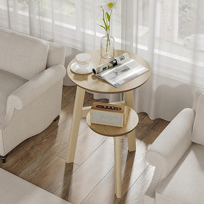 ChooChoo Round End Table for Small Spaces, Narrow Side Table, Accent Table Night Stand with 2 Tier Shelf for Bedroom and Living Room, Natural