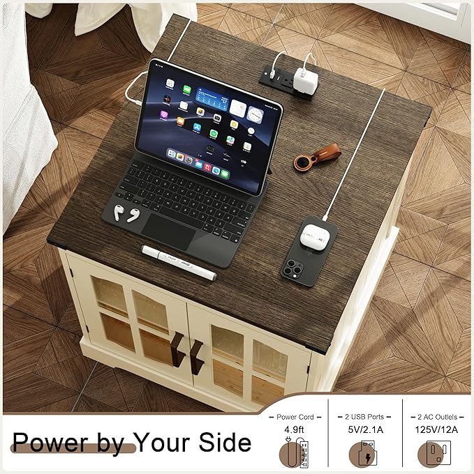 ChooChoo Farmhouse End Table, 24" Large Sofa Side Table with Charging Station & LED Light, Nightstand with Adjustable Storage Shelf, Square Bedside Table for Living Room Beige (Cream Mix with White)
