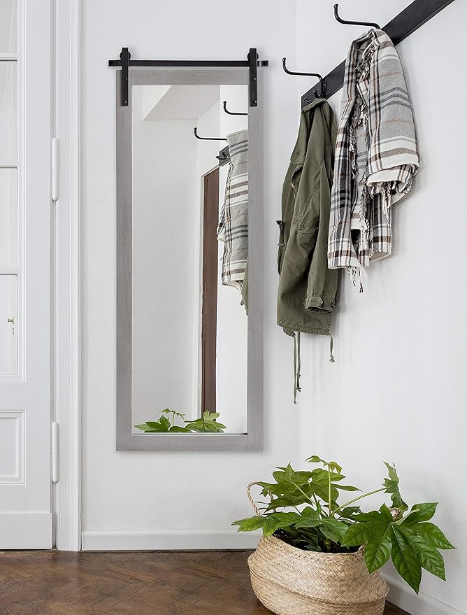 Kate and Laurel Cates Farmhouse Wood Framed Panel Mirror, 18 x 50, Gray, Barn Door-Inspired Rustic Mirrors for Wall
