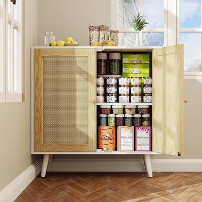 Rattan Storage Cabinet, Small Sideboard Buffets Storage Cabinet with Doors for Kitchen & Entryway Storage, White