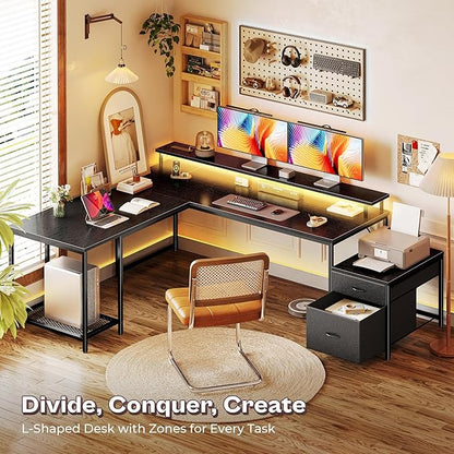 PRAISUN 66 Inch L Shaped Computer Desk with Power Outlets and LED Lights, Home Office Desk with Fabric Drawers and Print Stand, L Shape or Long Set up, Monitor Stand, Mesh CPU Stand, Black