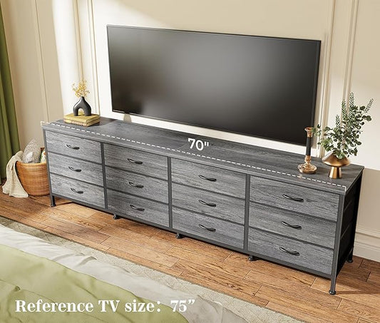 Huuger 70 Inch Dresser for Bedroom, TV Stand for 65, 75, 80 Inch TV, 12 Fabric Drawer Long Dresser, Large Storage Organizer Unit, Wide Chest of Drawer with Storage, for Living Room, Grey