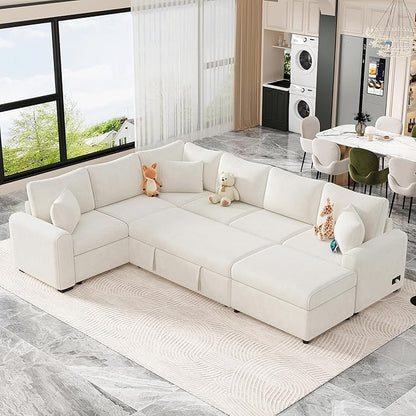 112" Luxurious Pull-out Sofa Bed Sleeper with Storage Ottoman,Sectional Sleeper Couch W/ 3 Pillows,2 USB ports & 2 Power Sockets,Corner Furniture Set for Living Room Large Space,Cream Chenille