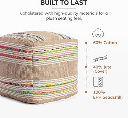 Anji Mountain 100% Handmade & Handcrafted Comfortable Home Décor Pouf Ottoman Footrest for Living Room, Bedroom, Nursery, Kidsroom, Patio Furniture - (20" x 20" x 20"- Multicolor,Beige,White)