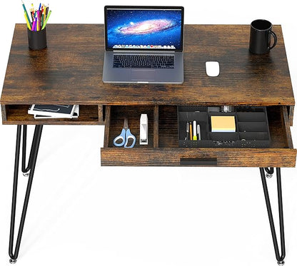 SHW Home Office Computer Hairpin Leg Desk with Drawer, Rustic Brown