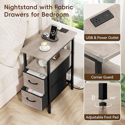 Vagusicc End Table with Charging Station, Narrow Side Table, 23.8'' Tall Nightstand with 2 Fabric Drawers, Small Sofa Side Table Narrow Nightstand for Small Spaces, Living Room, Bedroom, Rustic Grey