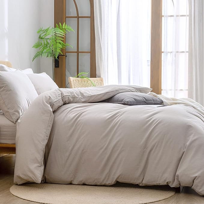 BESTOUCH Duvet Cover Set 100% Washed Cotton Linen Feel Super Soft Comfortable Chic Lightweight 3 PCs Home Bedding Set Solid Linen Grey Oversized King