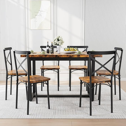 Ball & Cast 7 Pieces Dining Table Set,Kitchen Table and Chairs for 6 with 52" Table and 6 Chairs,Desk with Foot Pads,for Small Space,Apartment,Dining Room,Brown