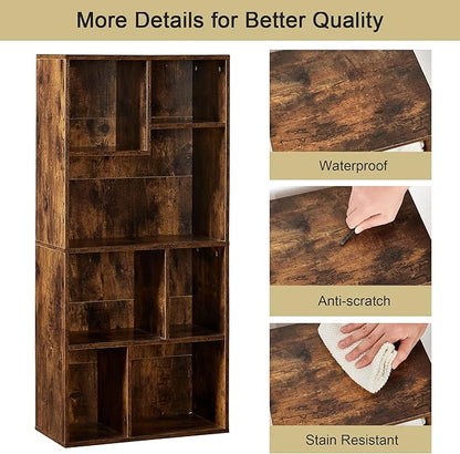 VECELO 42 Inch High Bookcase, 4-Tier Modern Storage Cabinet with Height Difference Shelves for Standard Textbooks, Floor Standing, 7 Cubes, Horizontal Available, Easy Assembly, Rustic Brown