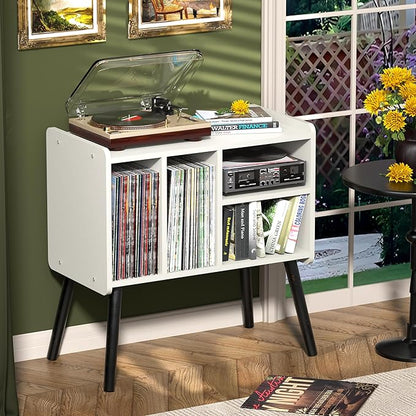 Record Player Table, Mid-Century Record Player Stand with Vinyl Storage Hold Up to 150+ Albums, Vinyl Record Cabinet with Adjustable Shelves, Wood Turntable Stand for Music Living Room (White)