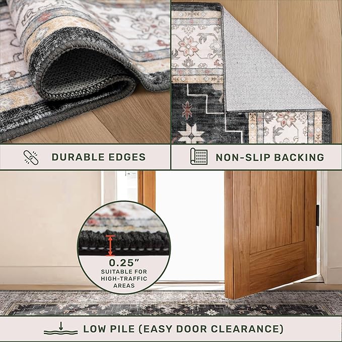 Black Washable Long Runners for Hallways, 2'6"x8' Wide Kitchen Runner Rug, Entryway Indoor Rug, Non Slip Rubber Backing Boho Vintage Floor Decor
