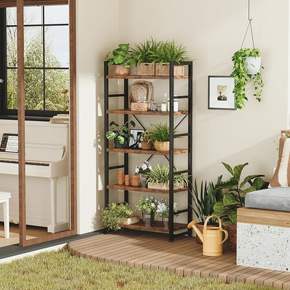 VERMESS 5 Tier Bookshelf, Tall Book Shelf, Vintage Industrial Bookcase with Open Display Shelves, Wood Storage Shelving Unit Metal Frame Standing Bookshelves for Bedroom/Home/Office, Rustic Brown