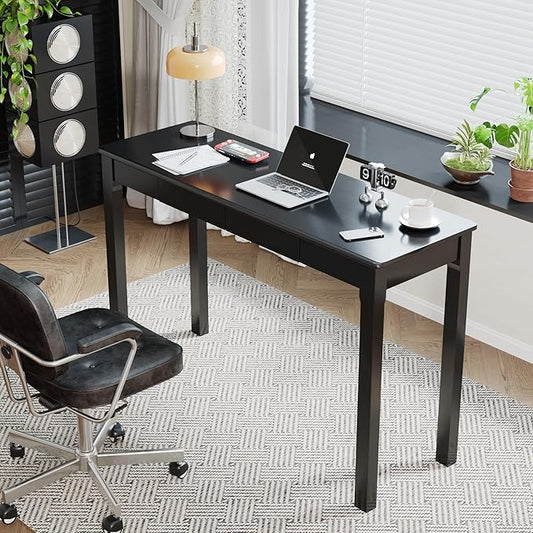 Solid Wood Desk with Drawers - 47 x 16 Inch Modern Narrow Desks, Rubber Wood Study Table, Small Writing Desk for Small Spaces|Bedroom - Black Desks