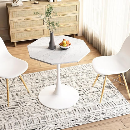 31.5 in Hexagonal Pedestal Dining Table for 2, Small Tulip Bistro Table with Metal Base, Space Saving Breakfast Nook Furniture for Home Cafe Apartment, Marble White