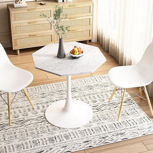 31.5 in Hexagonal Pedestal Dining Table for 2, Small Tulip Bistro Table with Metal Base, Space Saving Breakfast Nook Furniture for Home Cafe Apartment, Marble White