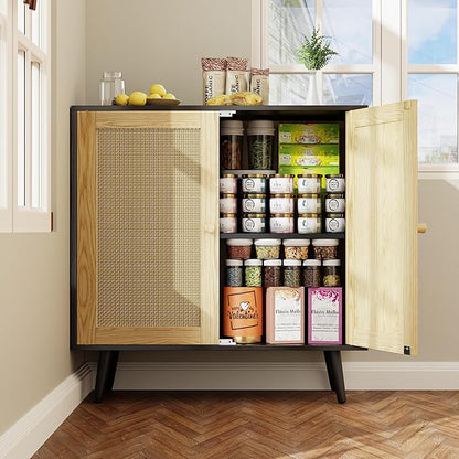 Rattan Sideboard Buffet, Accent Cabinet Cupboard Console Small Cabinet with Doors and Adjustable Shelve for Kitchen & Entryway Storage, Black
