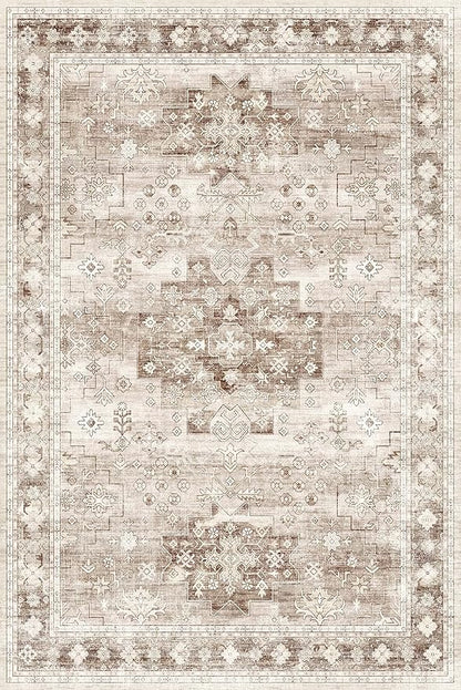 Washable Neutral Farmhouse Living Room Rug, 6x9 Area Rugs for Bedroom, Dining Room Under Table Carpet, Kids Room, Large Boho Vintage Non-Slip Floral Rugs Low Pile Stain Resistant (6x9 Beige/Latte)