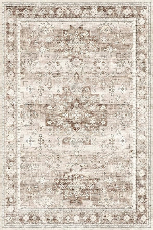 Washable Neutral Farmhouse Living Room Rug, 6x9 Area Rugs for Bedroom, Dining Room Under Table Carpet, Kids Room, Large Boho Vintage Non-Slip Floral Rugs Low Pile Stain Resistant (6x9 Beige/Latte)
