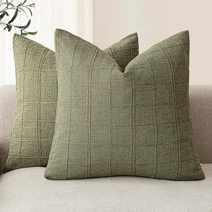 Foindtower Set of 2 Decorative Linen Check Throw Pillow Covers Neutral Farmhouse Vintage Cushion Covers Modern Boho Home Decor for Sofa Chair Couch Bedroom Living Room Outdoor,20×20 Inch,Sage Green