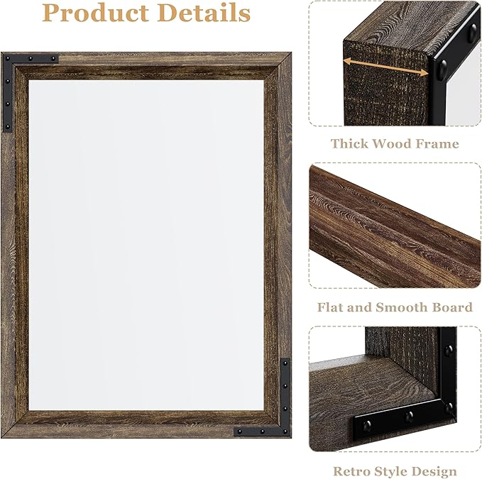 YOSHOOT Farmhouse Bathroom Mirror, Rustic Wooden Framed Mirror, Wood Vanity Mirror, Solid Wood & Handmade, Vertical or Horizontal Hanging for Bathroom Entryway Living Room Bedroom, 32" x 24", Brown