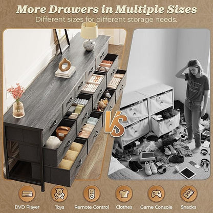 Huuger 70 Inch Dresser for Bedroom, TV Stand for 65, 75, 80 Inch TV, 13 Fabric Drawer Long Dresser, Large Entertainment Center for Bedroom, Wide Chest of Drawer with Storage, Grey