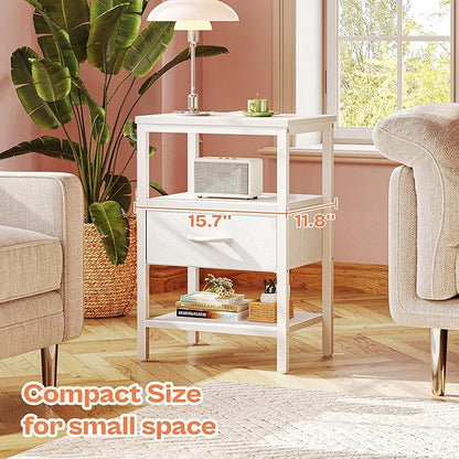 SUPERJARE Nightstand with Charging Station, Bed Side Table with Adjustable Fabric Drawer, Night Stand for Bedroom, 3-Tier Storage End Table, for Living Room, White