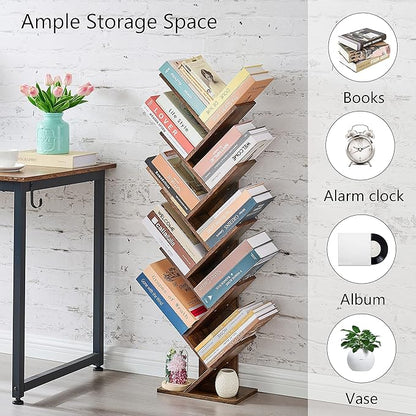 Hoctieon 10 Tier Tree Bookshelf, 10 Shelf Bookcase, Free Standing Tree Bookcase, Display Floor Standing Shelf for Books, Book Organizer Shelves for Home Office, Living Room, Bedroom, Rustic Brown