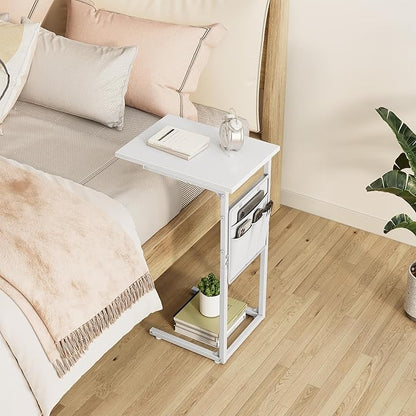 Vagusicc C Shaped End Table, Small Side Table for Couch, Couch Side Table Arm C Table for Sofa, TV Tray Slide Under Sofa Drink Table with Metal Frame for Living Room, Bedroom, Bedside, White