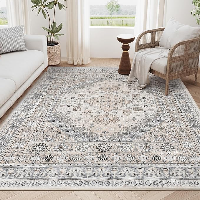 zesthome 5x7 Area Rugs - Ultra-Thin Washble Rug, Stain Resistant Anti Slip Backing Rugs for Living Room,Bedroom, Vintage Home Decor Area Rug (Beige,5'x7')