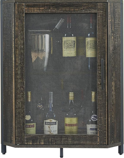 GarveeHome Corner Wine Bar Rack Cabinet with Detachable Wine Rack, Home Bar Cabinet with Barn Door and Adjustable Shelf, Wine Bar Cabinet and Buffet Cabinet with Mesh Door, Fire Wood