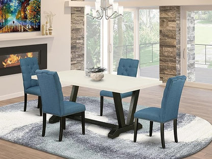 East West Furniture V627EL121-5 5 Piece Kitchen Table Set for 4 Includes a Rectangle Dining Room Table with V-Legs and 4 Blue Linen Fabric Upholstered Chairs, 40x72 Inch, Multi-Color