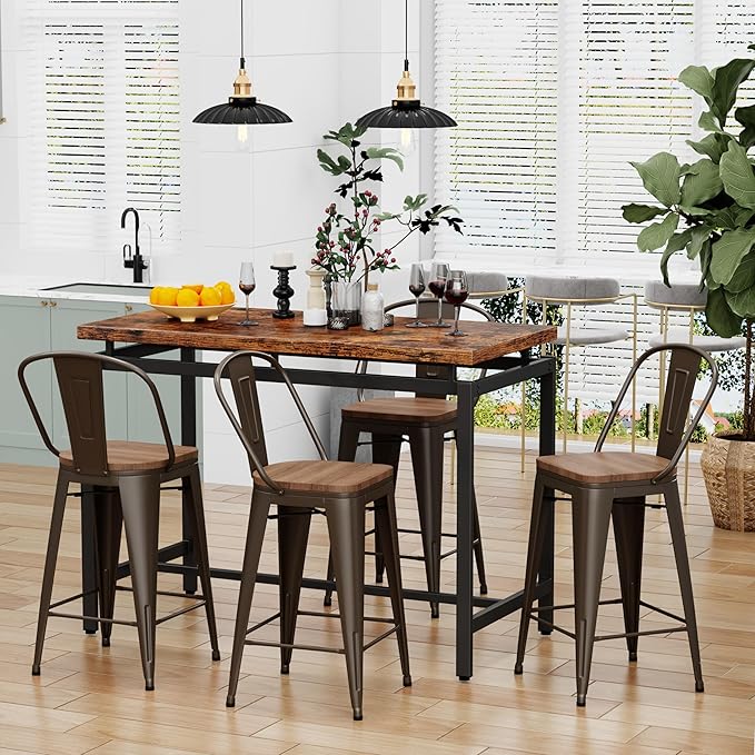 Changjie Furniture 30 Inches Metal Barstools Set of 4 Counter Height Bar Stools Industrial Stools with Backs High Back Chairs for Kitchen Island (30 Inch, Rusty)