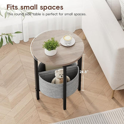 Vagusicc Small Round Side Table End Table with Storage Basket, Accent Coffee Tables Modern Round Nightstand, Set of 2 Half Round Tables, Tall Sofa Table Bedside Table for Living Room Bedroom,Gray