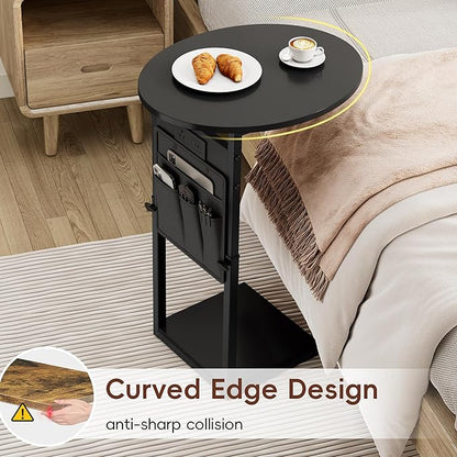 Vagusicc C Shaped End Table with Charging Station, 32" Tall Side Table for Couch and Recliner, Adjustable Height Small Couch Side Table Slide Under Sofa TV Tray Table for Living Room, Bedroom, Black