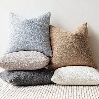 Foindtower Set of 2, Decorative Textured Boucle Throw Pillow Covers Accent Solid Pillow Cases Soft Cozy Couch Cushion Case for Chair Sofa Bedroom Living Room Home Decor 16 x 16 Inch Taupe Khaki Camel
