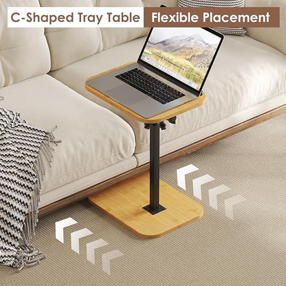 Sofa Couch Arm Table Tv Tray Small Bed Stand C Shaped Side End Tables for Living Room, Bedroom, Natural