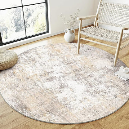 3x3 Washable Round Rug Beige Grey Neutral Abstract Entryway Non Slip Low Pile Area Rug Living Room Bedroom Indoor Doormat Small Soft Carpet for Entrance Bathroom Kitchen