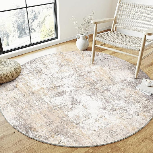 3x3 Washable Round Rug Beige Grey Neutral Abstract Entryway Non Slip Low Pile Area Rug Living Room Bedroom Indoor Doormat Small Soft Carpet for Entrance Bathroom Kitchen