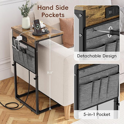 Vagusicc C-Shaped End Table Set of 2 with Charging Station, Small Side Table for Couch, Adjustable Height Couch Side Table, Slide Under Sofa Table TV Tray Tables for Living Room,Bedroom,Bedside, Brown