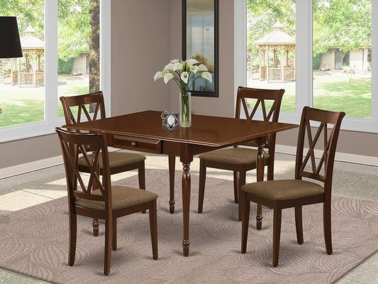 East West Furniture MZCL5-MAH-C 5 Piece Kitchen Table & Chairs Set Includes a Rectangle Dining Room Table with Dropleaf and 4 Linen Fabric Upholstered Chairs, 36x54 Inch, Mahogany