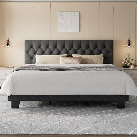 Feonase King Size Platform Bed Frame, Upholstered Bed with Button Tufted Headboard, Heavy Duty Wooden Slats & Thickened Feet, No Box Spring Needed, Noise-Free, Easy Assembly, Dark Grey