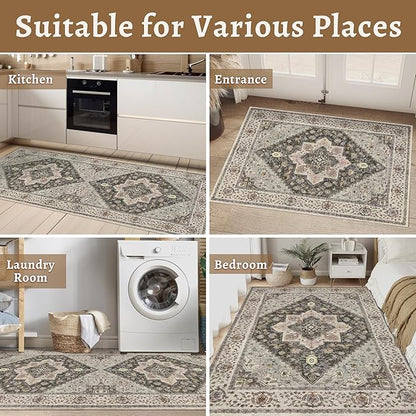 Tangsoo 3x5 Area Rug Vintage Washable Rugs Non Slip, Farmhouse Rugs Indoor Accent Rug Print Distressed Brown Grey Carpet, Soft Low Pile Rug for Living Room Bedside Entryway Bedroom