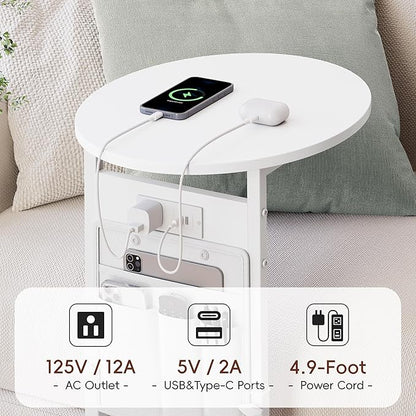 Vagusicc C Shaped End Table with Charging Station, 32" Tall Side Table for Couch and Recliner, Adjustable Height Small Couch Side Table Slide Under Sofa TV Tray Table for Living Room, Bedroom, White