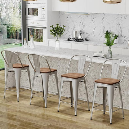 Changjie Furniture 30 Inches Metal Barstools Set of 4 Counter Height Bar Stools Industrial Stools with Backs High Back Chairs for Kitchen Island (30 Inch, Silver)