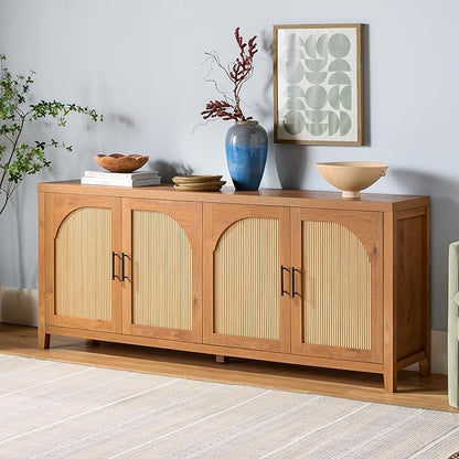 Walker Edison Sasha 4-Door Reeded Sideboard Buffet with Cord Management, 70 Inch, English Oak