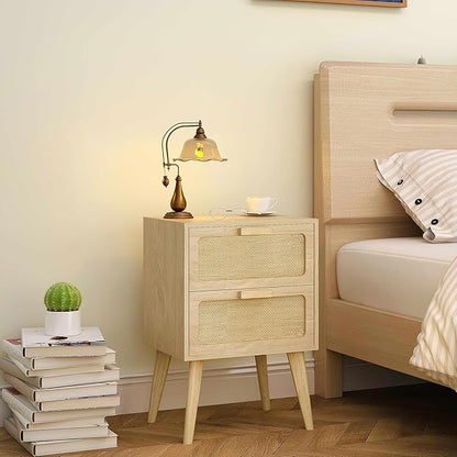 Rattan Nightstand,Boho Bedside with Storage,End Table,Side Table with 2 Hand Made Rattan Decorated Drawers for Small Space,Livingroom,Bedroom,Natural 11.8" D x 16" W x 22.4" H CTG59Y