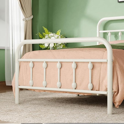 Allewie 14 Inches Twin Size Metal Platform Bed Frame with Victorian Style Iron-Art Headboard/Footboard, Mattress Foundation, Easy Assembly, Under Bed Storage, No Box Spring Required, Off White
