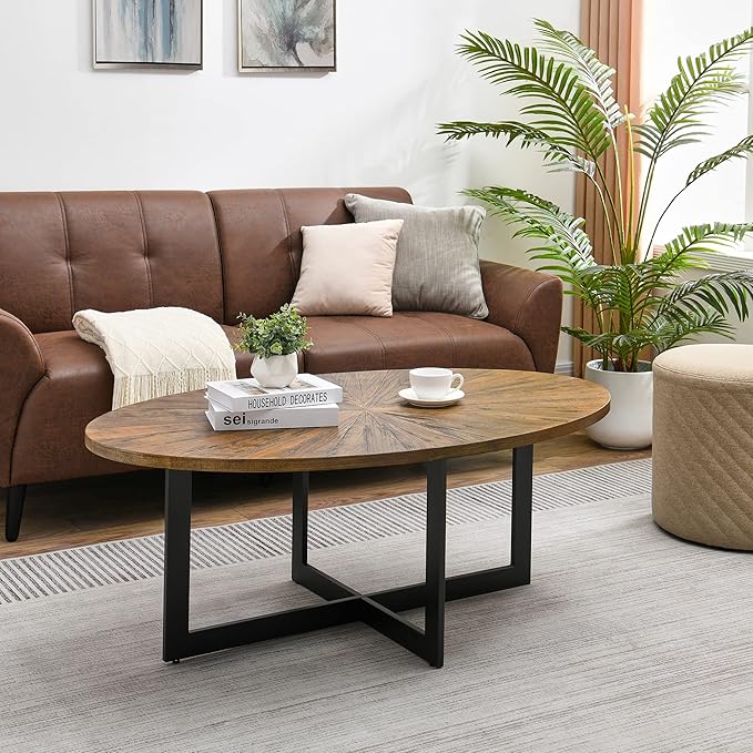 Solid Wood Oval Coffee Table with Cross Metal Legs, 47.9" Industrail Bar Cocktail Table for Living Room Kitchen Office Sofa Table Bristro Table for Cafe/Bar Rustic Brown 1831